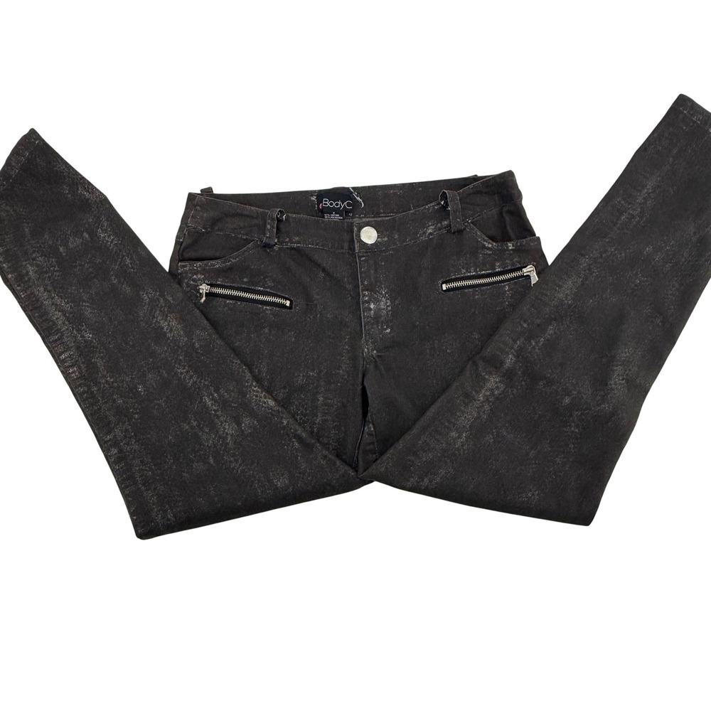 Women's Size 7 Metallic Black Jeans Zipper Pockets‎ Moto  Grunge Edgy Y2K